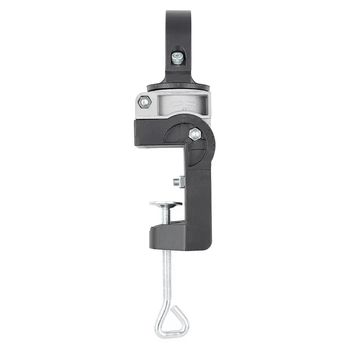 Wolfcraft Soporte de taladro - Apertura máxima: 60 mm - Abrazadera de montaje ajustable gris oscuro y plateada con base de sargento, marcas de ángulo y perno de argolla.