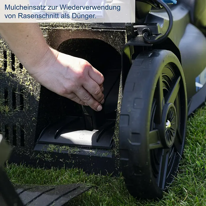 Scheppach IXES 20V Akku-Rasenmäher BC-MP430-X Set XL2 - 20 V, 2 Akkus, 4 Ah, Schnittbreite: 430 mm - Rasenmäher-Mulcheinsatz zur Wiederverwendung von Rasenschnitt als Dünger. Das Mulchkit sorgt für einen gesunden, grünen Rasen.