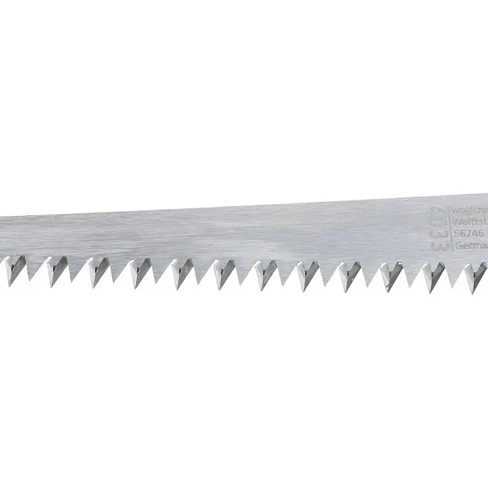 Wolfcraft Gipskartonplatten-Stichsäge - Geeignet für: Gipskartonplatten - Nahaufnahme eines Wolfcraft-Sägeblatts mit scharfen Zähnen, hergestellt in Deutschland, ideal für präzise Holzarbeiten.