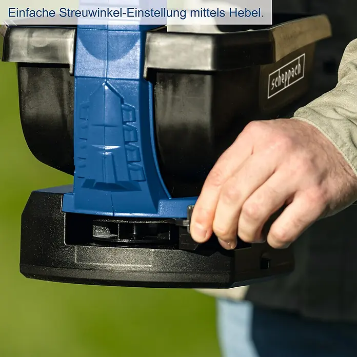 Scheppach IXES 20V Akku-Handstreuer C-GSP800-X - 20 V, Ohne Akku, Streubreite: 5 m - Detailaufnahme eines Scheppach Streuwagens mit Fokus auf die Streuwinkel-Einstellung mittels Hebel für präzises Düngen.