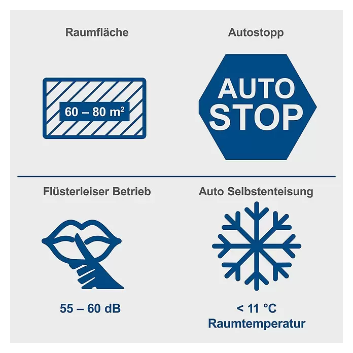 Scheppach Bautrockner BTR6500 - Entfeuchtungsleistung: 60 l/Tag, Raumgröße: 60 m² - 80 m² - Piktogramme und Text zu Produktmerkmalen: Raumfläche 60-80 m², Autostopp, flüsterleiser Betrieb (55-60 dB), automatische Abtauung unter 11°C.