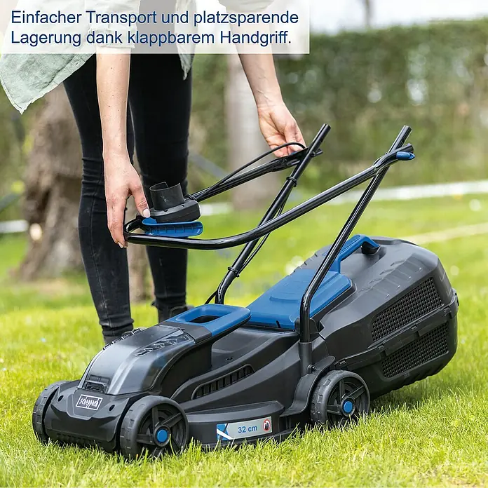 Scheppach IXES 20V Akku-Rasenmäher BC-MP320-X - 20 V, 1 Akku, 4 Ah, Schnittbreite: 32 cm - Einfacher Transport und platzsparende Lagerung dank klappbarem Handgriff des Rasenmähers.