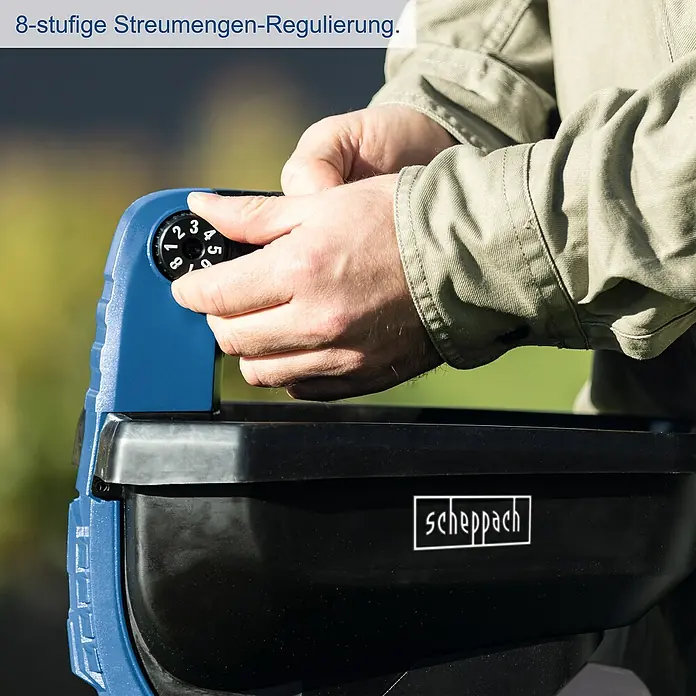 Scheppach IXES 20V Akku-Handstreuer C-GSP800-X - 20 V, Ohne Akku, Streubreite: 5 m - Eine Nahaufnahme eines Scheppach-Streuwagens mit einstellbarer Streumengen-Regulierung.