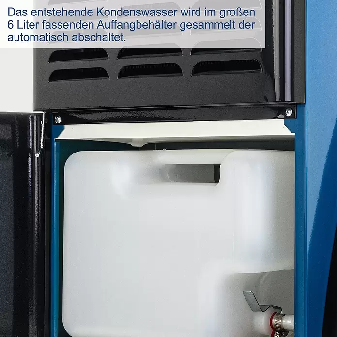 Scheppach Bautrockner BTR6500 - Entfeuchtungsleistung: 60 l/Tag, Raumgröße: 60 m² - 80 m² - Weißer 6-Liter-Kondenswasserbehälter in blauem Gerät, mit Ablassventil.