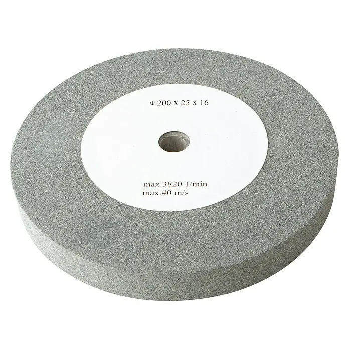Scheppach Schleifscheibe - Durchmesser: 200 mm, Durchmesser Bohrung: 16 mm, Körnung: 60 - Nahaufnahme einer Schleifscheibe mit den Maßen 200 x 25 x 16 und Sicherheitsinformationen auf einem weißen Etikett.