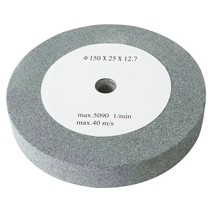 Scheppach Schleifscheibe - Durchmesser: 150 mm, Durchmesser Bohrung: 12,7 mm, Körnung: 60 - Nahaufnahme eines Schleifsteins mit Produktdetails auf einem Etikett.