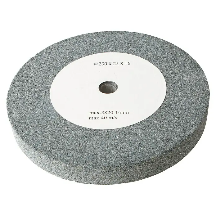 Scheppach Schleifscheibe - Durchmesser: 200 mm, Durchmesser Bohrung: 16 mm, Körnung: 36 - Grauer Schleifstein mit Größenangabe und maximaler Drehzahl.