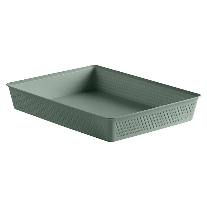 Tatay Bohol Organizador A4 - L x An x Al: 26,5 x 35 x 5,5 cm, Verde sage - Una cesta de almacenamiento rectangular de plástico gris con agujeros para una fácil organización en el hogar o la oficina. Diseño práctico.