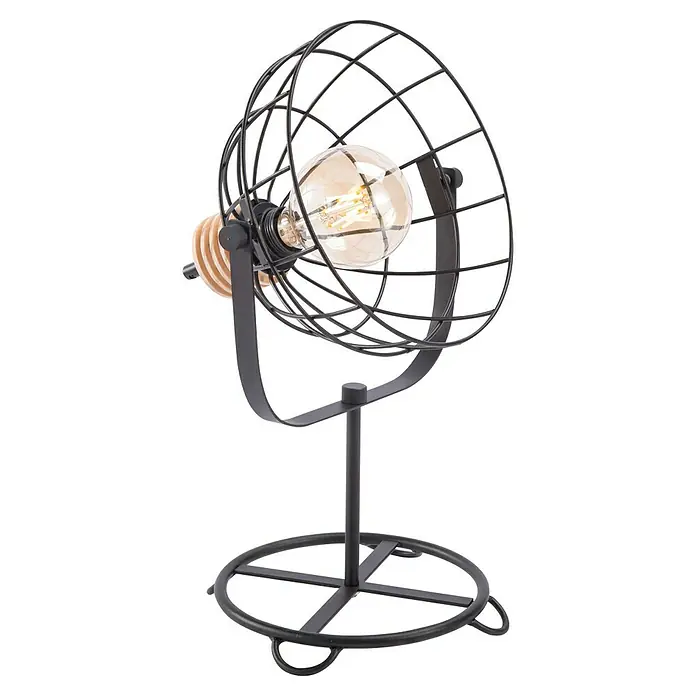 Tween Light Vinto Lámpara de sobremesa - 40 W, L x An x Al: 30 x 30 x 45 cm, Negro/Marrón, E27 - Lámpara industrial moderna con pantalla de jaula negra y bombilla Edison brillante sobre una base redonda de metal.