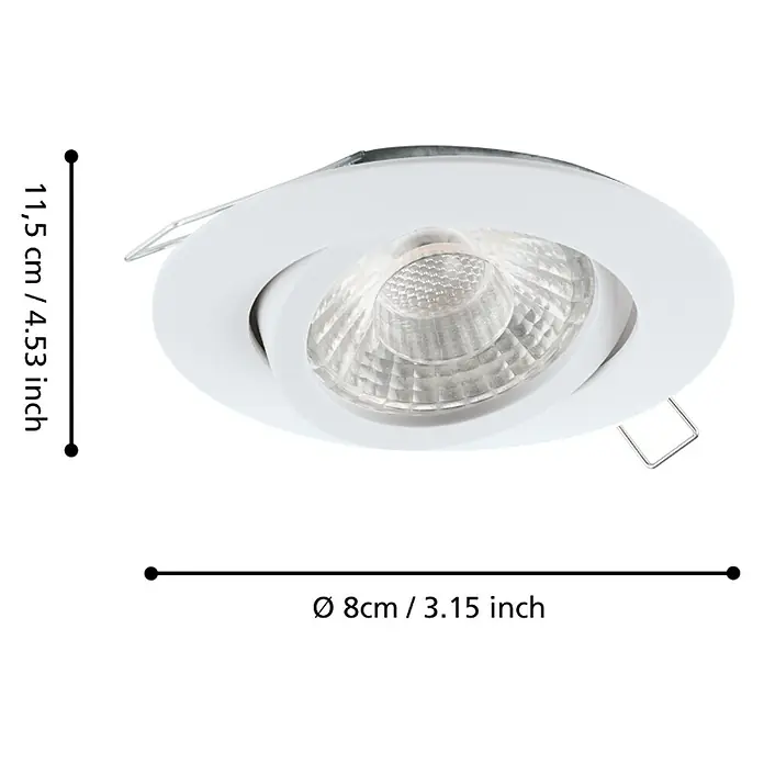 Eglo LED-Einbauleuchten-Set rund TEDO 1 - 4,8 W, Weiß, Warmweiß - Abbildung einer weißen, runden LED-Einbauleuchte mit verstellbarem Spot und den Maßen 8 cm Durchmesser und 11,5 cm Höhe.