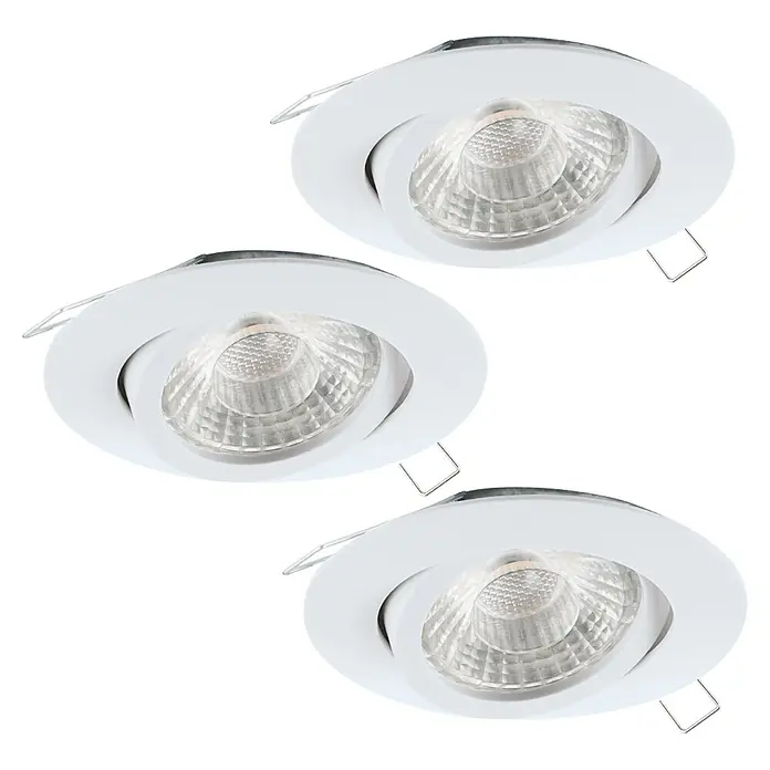 Eglo LED-Einbauleuchten-Set rund TEDO 1 - 4,8 W, Weiß, Warmweiß - Drei runde, weiße Einbaustrahler mit klaren, facettierten Lampen sind auf schwarzem Hintergrund angeordnet.