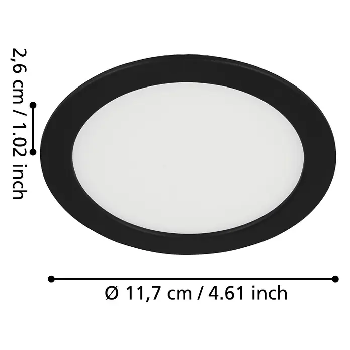 Eglo Fueva 5 LED-Einbauleuchte rund - 5,5 W, Schwarz, Neutralweiß - Abmessungen einer schwarzen, ovalen LED-Deckenleuchte mit 11,7 cm Durchmesser und 2,6 cm Höhe.