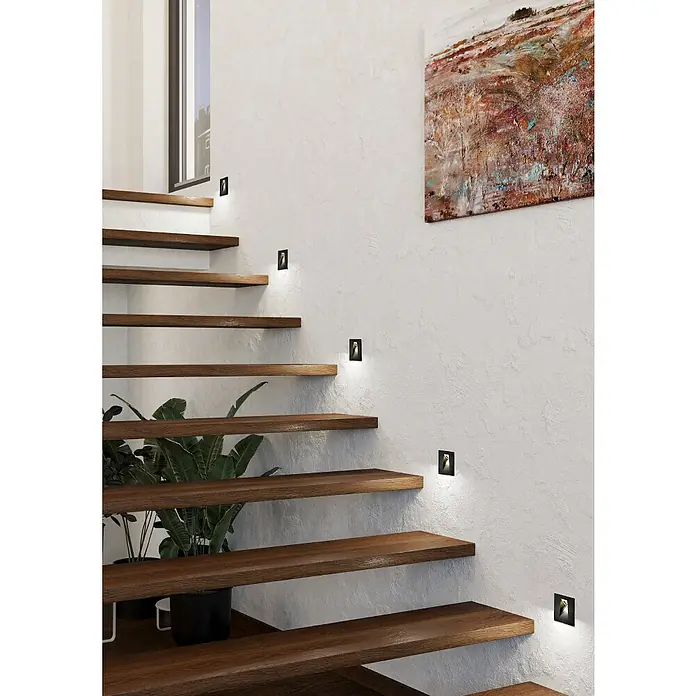 Eglo LED-Einbauspot Mecinos - Schwarz, L x B x H: 80 x 80 x 3 mm, Warmweiß - Treppenbeleuchtung: Elegante LED-Wandleuchten für sicheres und stilvolles Ambiente im Treppenhaus.