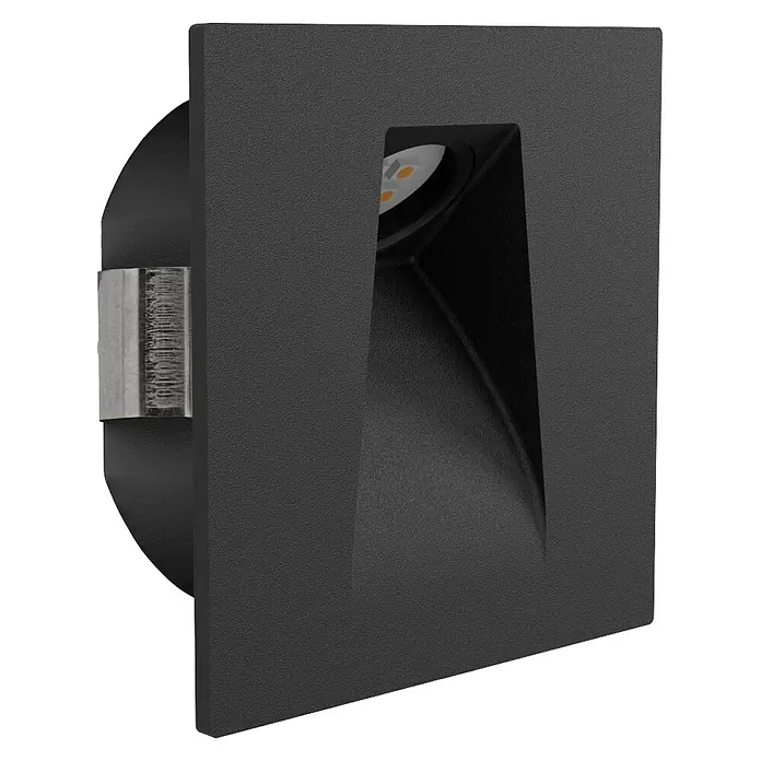 Eglo LED-Einbauspot Mecinos - Schwarz, L x B x H: 80 x 80 x 3 mm, Warmweiß - Nahaufnahme einer stilvollen, schwarzen quadratischen Wandleuchte mit einem eingelassenen LED-Licht.
