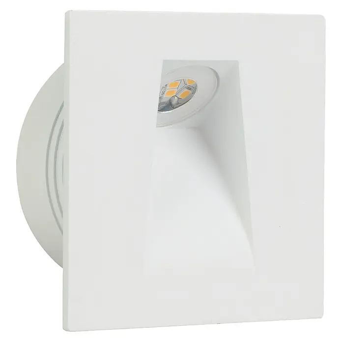 Eglo LED-Einbauspot Mecinos - Weiß, L x B x H: 80 x 80 x 3 mm, Warmweiß - Nahaufnahme einer quadratischen, weißen Wandleuchte mit eingelassenem LED-Licht und modernem Design. Perfekt für stilvolle Innenräume.