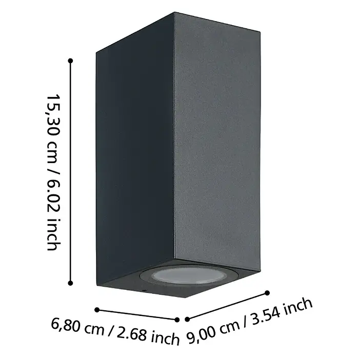 Eglo Plafón para pared y techo exterior Jabaga - 9,2 W, L x An x Pr: 15,5 x 7 x 9 cm, IP44 - Imagen de una moderna lámpara de pared exterior cuboide antracita con dimensiones.