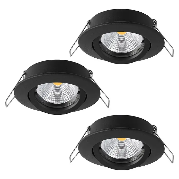 Eglo LED-Einbauleuchten-Set rund TEDO 1 - 14,4 W, Schwarz, Warmweiß - Nahaufnahme von drei schwarzen LED-Deckeneinbaustrahlern mit silbernen Halteklammern vor schwarzem Hintergrund.
