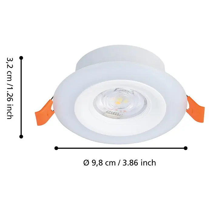 Eglo LED-Einbauleuchten-Set rund CALOGNE - 3,8 W, Weiß, RGBW - Nahaufnahme einer weißen LED-Einbauleuchte mit Maßangaben.