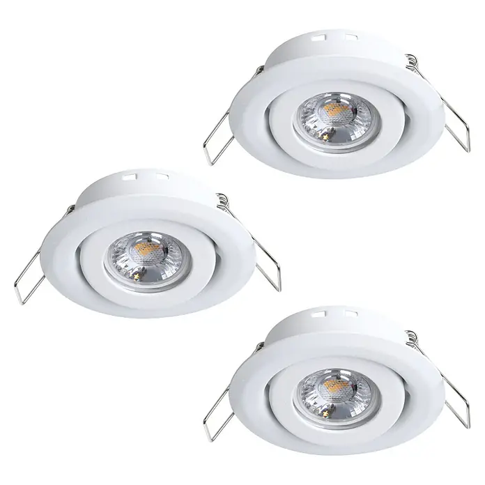 Eglo LED-Einbauleuchten-Set rund SALICETO MINI-PUCK 2 - 4,2 W, Ø x H: 7,7 x 2,3 cm, Weiß, Warmweiß - Bild von drei weißen LED-Einbaustrahlern, ideal für moderne Innenräume. Sie bieten helles, effizientes Licht.\n