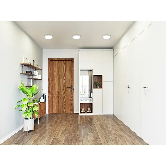Eglo LED-Einbauleuchten-Set rund ABIUL - 3,2 W, Ø x H: 8,6 x 4 cm, Nickel, RGBW - Ein einladender Flur mit Holzboden, einer Holztür und weißen Einbauschränken, der ein modernes und zugleich warmes Ambiente schafft.
