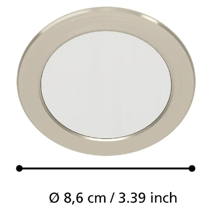 Eglo LED-Einbauleuchten-Set rund ABIUL - 3,2 W, Ø x H: 8,6 x 4 cm, Nickel, RGBW - Nahaufnahme einer runden LED-Einbauleuchte in Silber, mit Maßangaben für den Durchmesser.