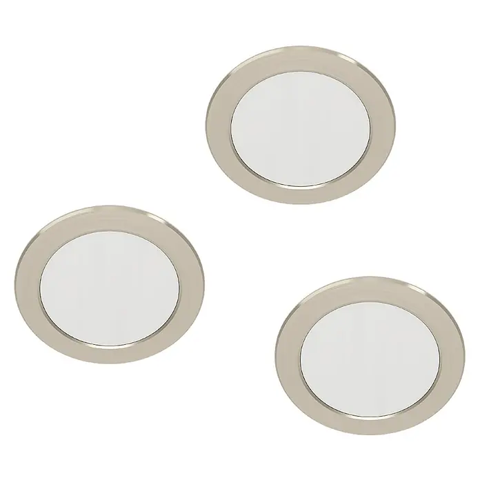 Eglo LED-Einbauleuchten-Set rund ABIUL - 3,2 W, Ø x H: 8,6 x 4 cm, Nickel, RGBW - Drei kreisförmige LED-Deckenleuchten mit schmaler, beigefarbener Einfassung und einer hellen, runden Mitte vor einem schwarzen Hintergrund.