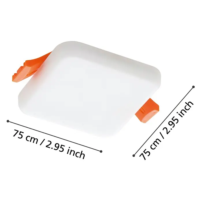 Eglo LED-Einbauleuchte RAPITA - Neutralweiß - Quadratische LED-Panel-Leuchte mit orangefarbenen Befestigungsclips, ideal für moderne Innenräume. Die Maße betragen 75 cm x 75 cm.