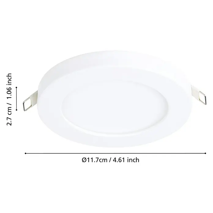 Eglo LED-Einbauleuchte FUEVA FLEX - 5,5 W, Weiß, Warmweiß - Nahaufnahme einer runden, weißen LED-Einbauleuchte mit Maßangaben.