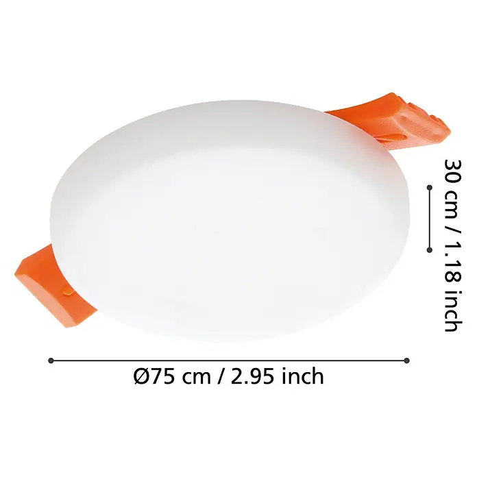 Eglo LED-Einbauleuchte rund RAPITA - 4,5 W, Ø x H: 7,5 x 2 cm, Weiß, Warmweiß - Bild einer runden, weißen Deckenleuchte mit orangefarbenen Halterungen und Maßangaben für Durchmesser und Höhe.