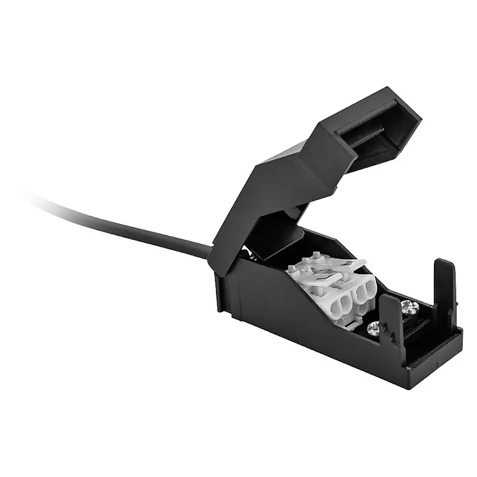 Eglo LED-Einbauleuchte SALICETO - 4,5 W, Warmweiß - Nahaufnahme eines schwarzen Aufputzgehäuses mit geöffnetem Deckel und einem vierpoligen Wago-Klemmenblock darin.