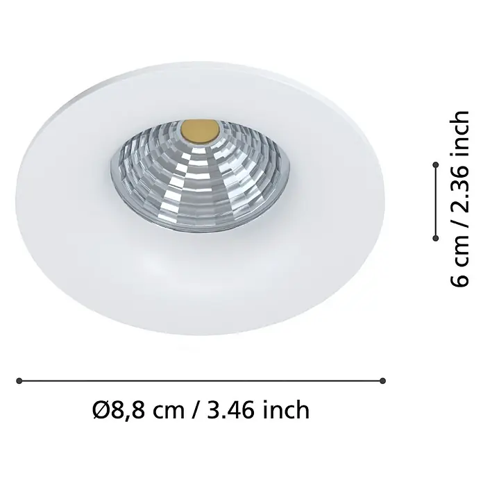 Eglo LED-Einbauleuchten-Set rund SALABATE - 18 W, Weiß, Neutralweiß - Produktbild einer weißen LED-Einbauleuchte mit Abmessungen für Höhe und Durchmesser.