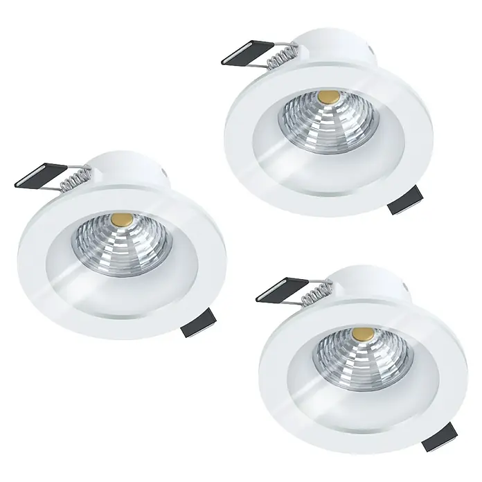 Eglo LED-Einbauleuchten-Set rund SALABATE - 18 W, Weiß, Neutralweiß - Drei weiße Einbaustrahler mit silbernen Reflektoren und Befestigungsklammern auf schwarzem Hintergrund.