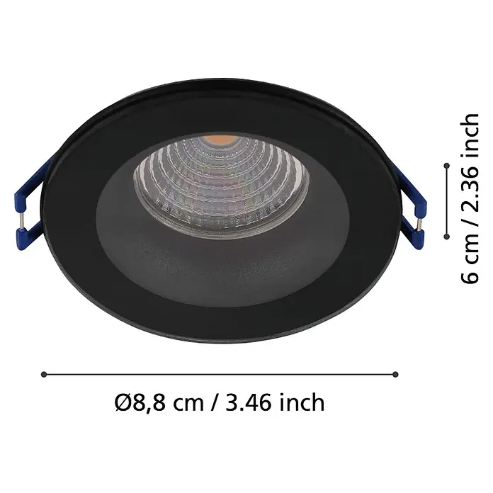 Eglo LED-Einbauleuchten-Set rund SALABATE - 18 W, Schwarz, Neutralweiß - Eine Nahaufnahme einer schwarzen LED-Einbauleuchte mit blauen Halteklammern und Größenangaben.