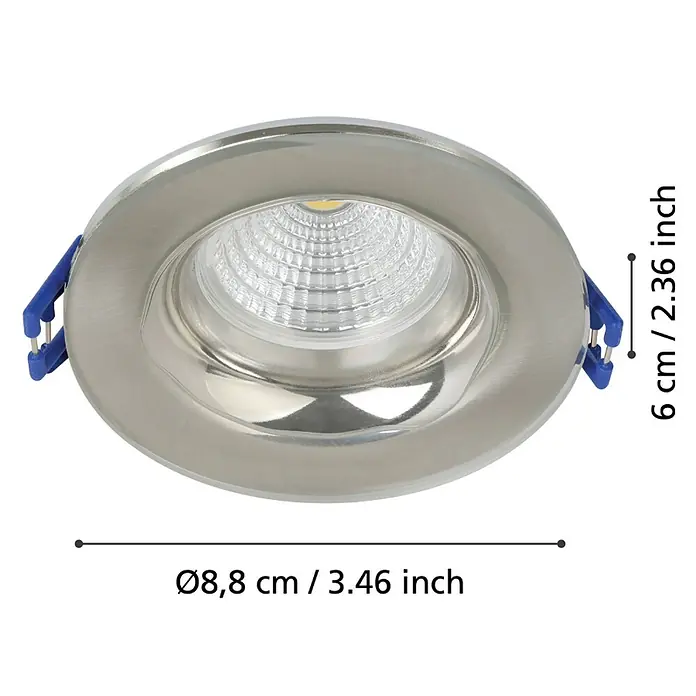 Eglo LED-Einbauleuchten-Set rund SALABATE - 18 W, Nickel-matt, Neutralweiß - Nahaufnahme eines runden LED-Deckeneinbaustrahlers aus Metall mit blauen Halteklammern und Maßangaben.