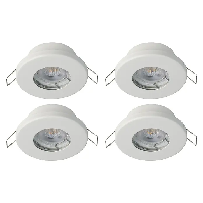 Eglo LED-Einbauleuchten-Set rund MAZUBY-LED 1 - 5 W, Weiß, Warmweiß - Nahaufnahme von vier weißen LED-Deckeneinbauspots mit silbernen Halteklammern auf schwarzem Hintergrund.