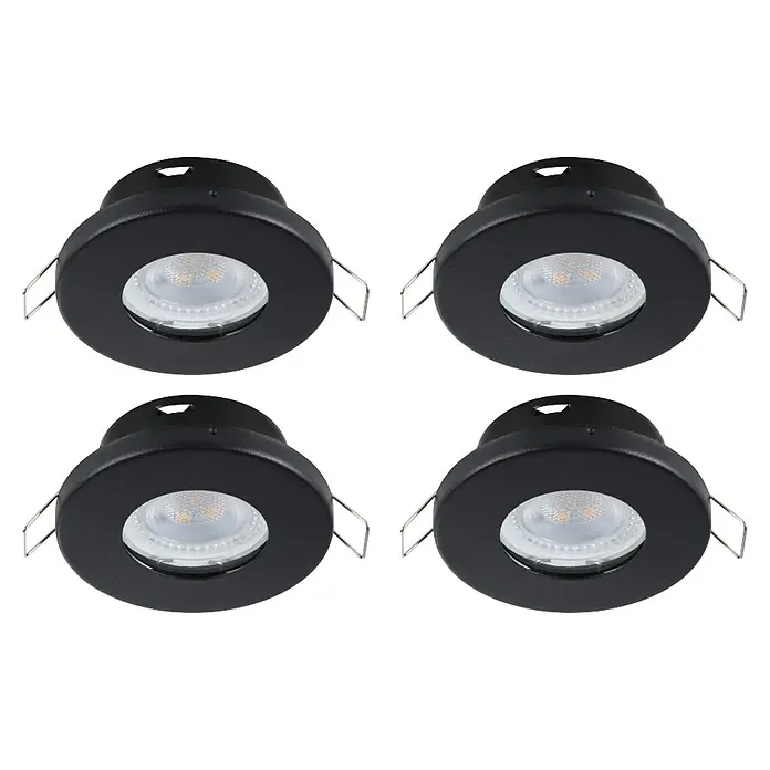 Eglo LED-Einbauleuchten-Set rund MAZUBY-LED 1 - 5 W, Schwarz, Warmweiß - Nahaufnahme von vier schwarzen LED-Einbaustrahlern, ideal für moderne Innenräume.