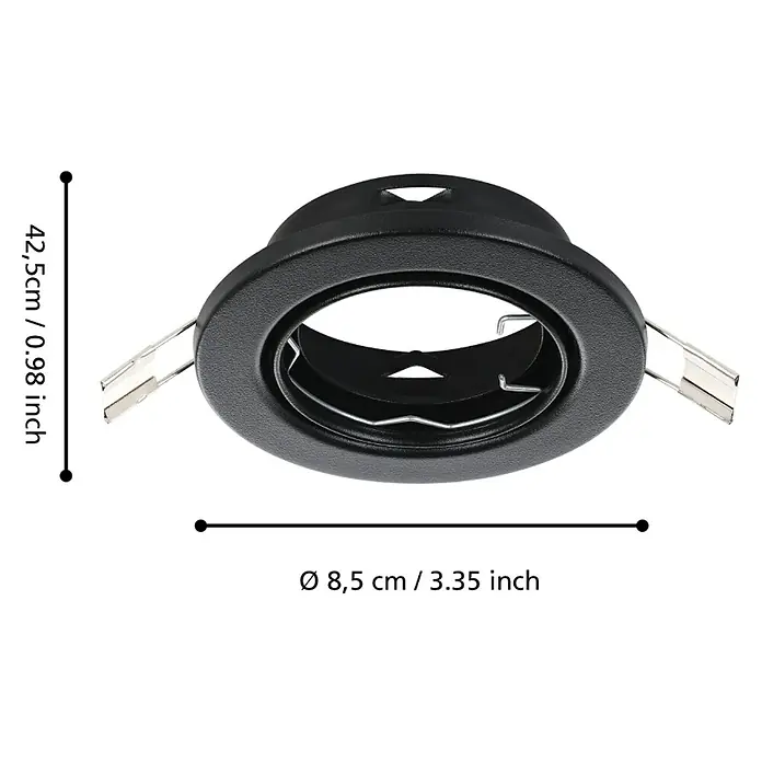 Eglo Einbauleuchten-Set AGULO 1 - 105 W, Ø x H: 8,5 x 2,5 cm, Schwarz - Detailaufnahme eines schwarzen Einbaurahmens mit Größenangaben.