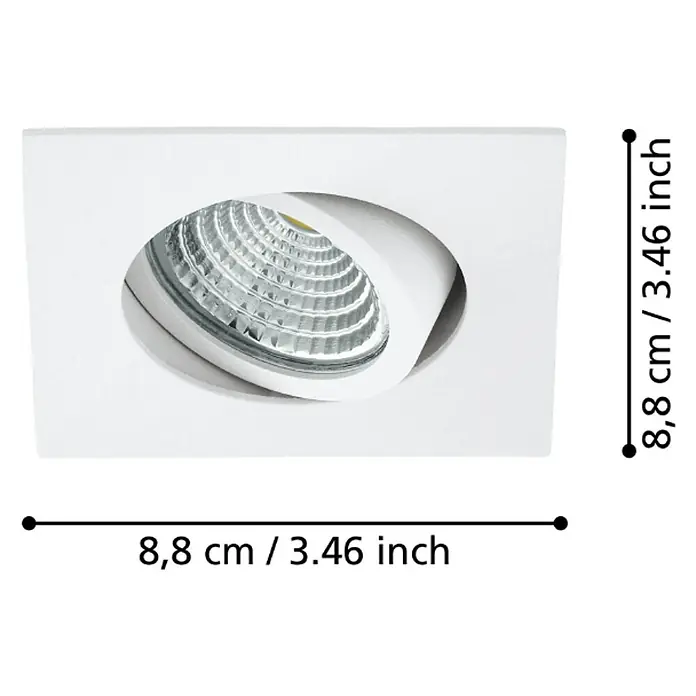 Eglo LED-Einbauleuchte SALICETO - Warmweiß, Weiß, 8,8 x 8,8 x 4,2 cm - Produktbild einer quadratischen, weißen LED-Einbauleuchte mit den Maßen 8,8 cm x 8,8 cm, dargestellt mit Maßangaben in cm und Zoll.