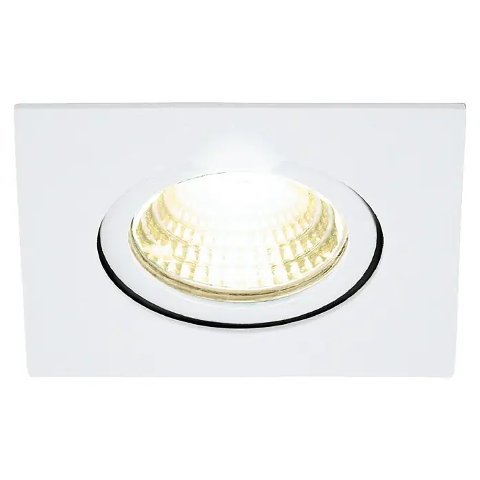 Eglo LED-Einbauleuchte SALICETO - Warmweiß, Weiß, 8,8 x 8,8 x 4,2 cm - Nahaufnahme einer hellen LED-Deckenleuchte in einem weißen, quadratischen Gehäuse. Das Licht ist warm und konzentriert.