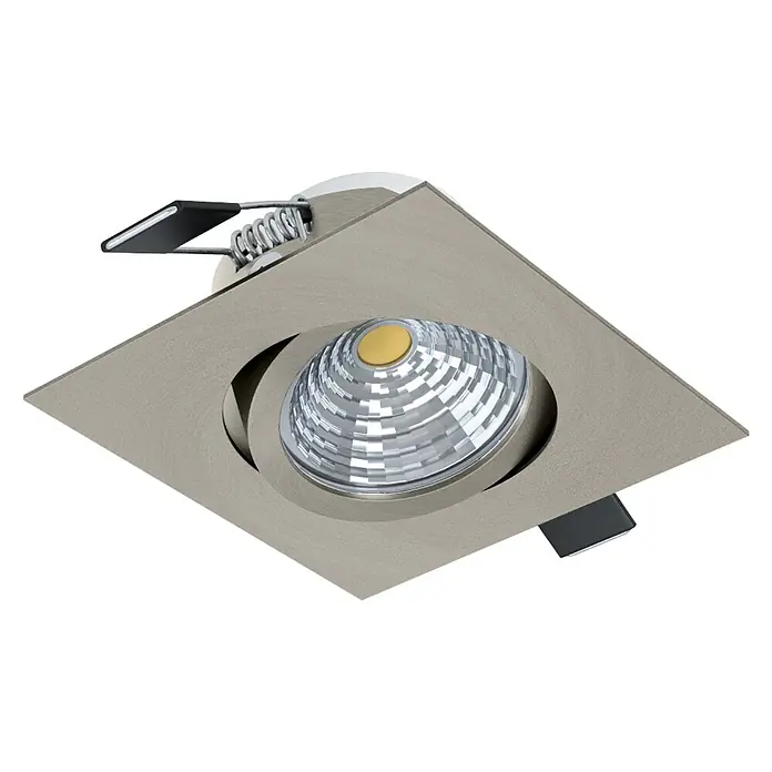 Eglo LED-Einbauleuchte SALICETO - Warmweiß, Nickel-matt, 8,8 x 8,8 x 4,2 cm - Nahaufnahme eines quadratischen Deckeneinbaustrahlers mit LED-Licht und Metalleinfassung.