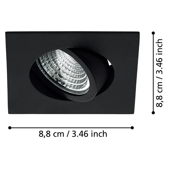 Eglo LED-Einbauleuchte SALICETO - 6 W, Warmweiß, 8,8 x 8,8 x 4,2 cm - Abbildung einer quadratischen, schwarzen Deckeneinbauleuchte mit LED-Beleuchtung und den Maßen 8,8 x 8,8 cm.