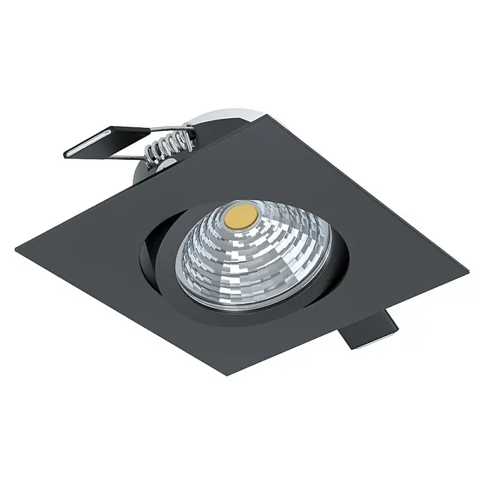 Eglo LED-Einbauleuchte SALICETO - 6 W, Warmweiß, 8,8 x 8,8 x 4,2 cm - Nahaufnahme einer schwarzen, quadratischen LED-Einbauleuchte mit einer auffälligen, strukturierten Lichtquelle.