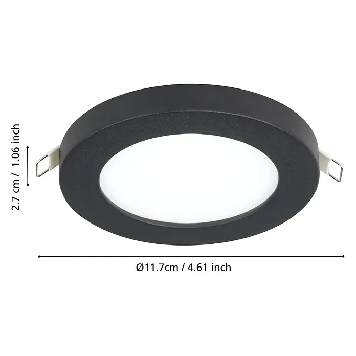 Eglo LED-Einbauleuchte rund FUEVA FLEX - 5,5 W, Ø x H: 11,7 x 0,2 cm, Schwarz, Neutralweiß - Nahaufnahme einer runden, schwarzen LED-Einbauleuchte mit Maßangaben für Durchmesser und Höhe.