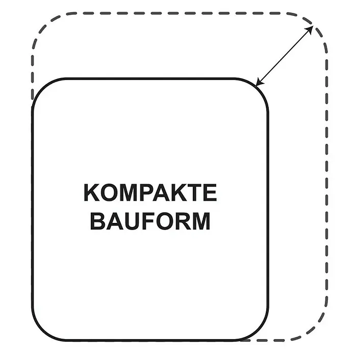 Voltomat Blueline Feuchtraum-Steckdose - 2-fach, Horizontal, IP54, Grau - Darstellung einer kompakten Bauform, hervorgehoben durch zwei Quadrate und Pfeil, ideal zur Illustration von Designkonzepten.
