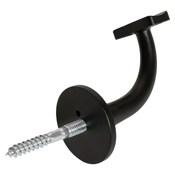 Treba Frewa Wandhalter B126 - Aluminiumdruckguss, Schwarz, 2 Stk. - Nahaufnahme einer schwarzen Handlaufhalterung mit Schraube, ideal für Treppen. Robuste Konstruktion sorgt für sicheren Halt.