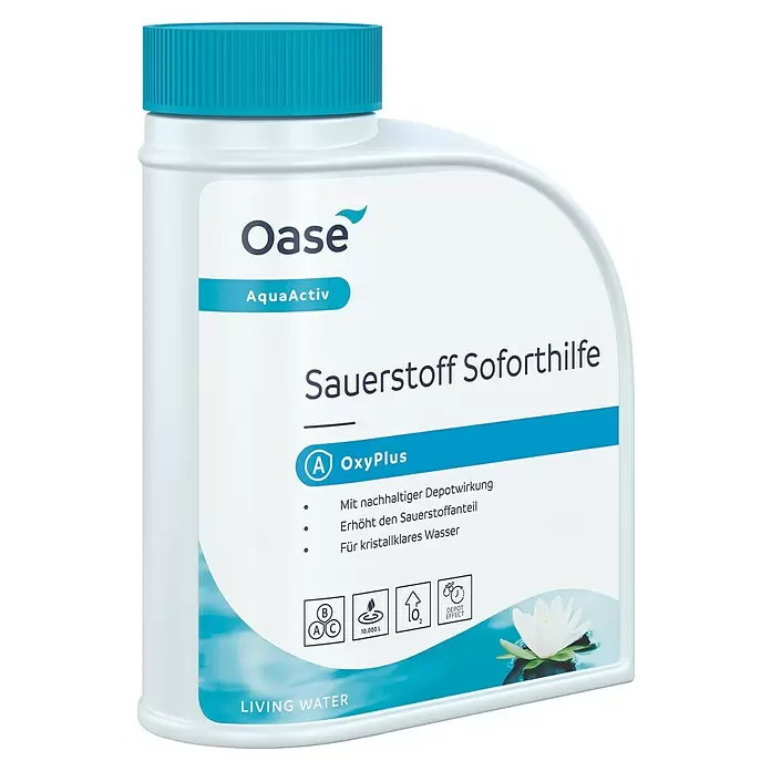 Oase AquaActiv Teichpflegemittel Sauerstoff Soforthilfe - 500 ml - Weiße Oase AquaActiv OxyPlus Wasseraufbereitungsflasche mit blauem Deckel.