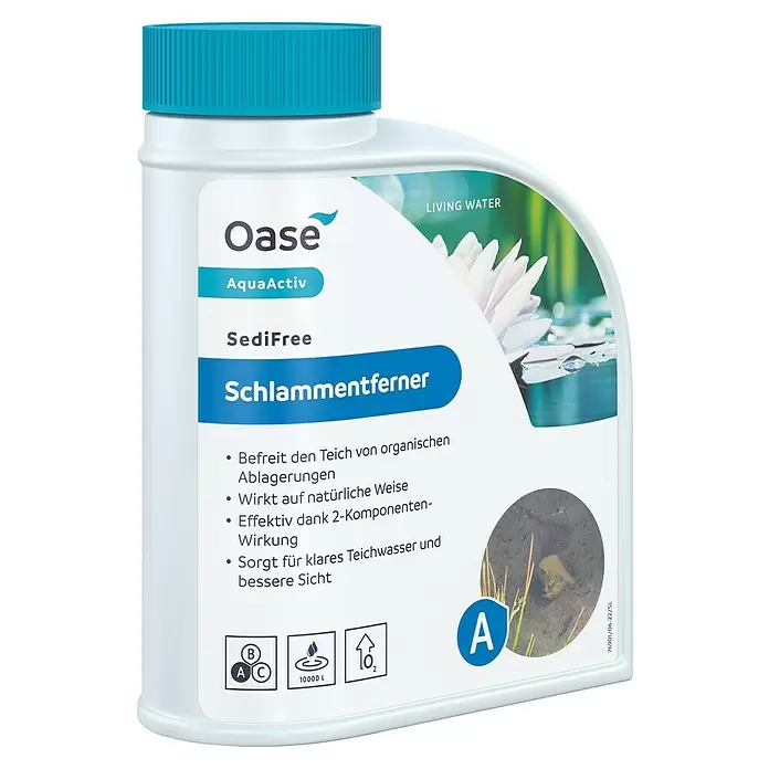 Oase AquaActiv Teichschlammentferner Sedifree - 500 ml - Weiße Flasche mit hellblauem Deckel, beschriftet als "Oase AquaActiv SediFree Schlammentferner". Ein Teichschlammentferner für klares Wasser.