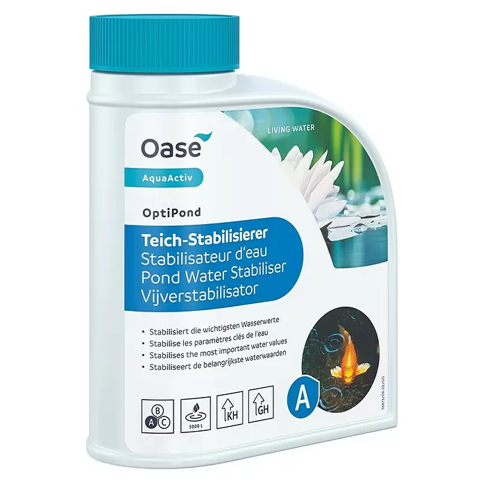 Oase AquaActiv Teichpflegemittel Teich-Stabilisierer Optipond - 500 ml - Oase AquaActiv OptiPond Teich-Stabilisierer in weißer Flasche mit blauem Deckel. Stabilisiert wichtige Wasserwerte für bis zu 5000L.