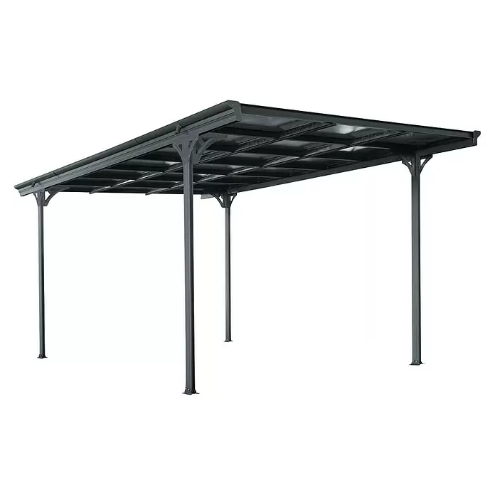 Ximax Carport Eco - Außenmaß inkl. Dachüberstand (B x T): 3 x 5,03 m, Einzelcarport, Anthrazit - Dunkelgraues Metall-Carport/Pergola mit Flachdach und Stützpfosten.