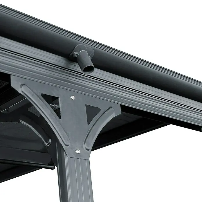Ximax Carport Eco - Außenmaß inkl. Dachüberstand (B x T): 3 x 5,03 m, Einzelcarport, Anthrazit - Detailaufnahme einer grauen Pavillonkonstruktion mit Regenrinne und stabilen Stützträgern für den Außenbereich.
